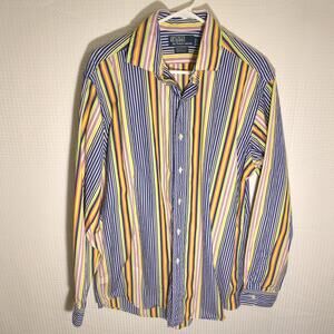 Polo Ralph Lauren L Multicolor Stripe Shirt Men Vintage Made in Hong Kong Cotton